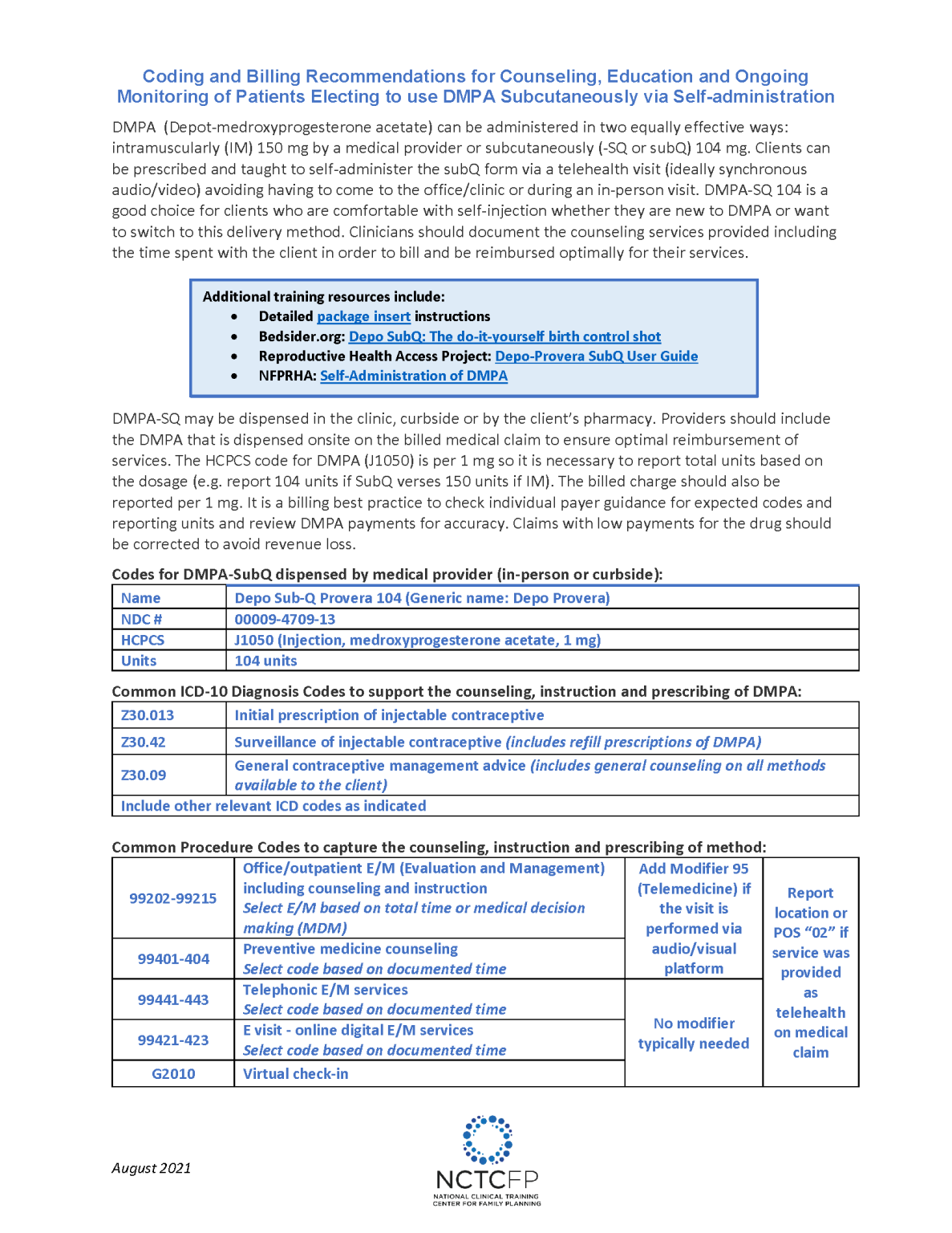 Billing And Coding For Self Administered Subcutaneous Dmpa The Clinical Training Center For 